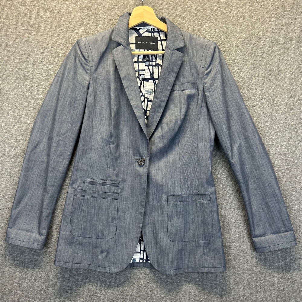 Banana Republic Blue Italian Cotton Blazer Map Print Lining Size 8 S/702689-01
